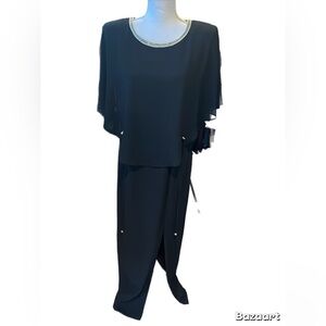 Julian Wilder Black Dress w/Silver Beaded Accents Sz 8 Side Zip Front Slit